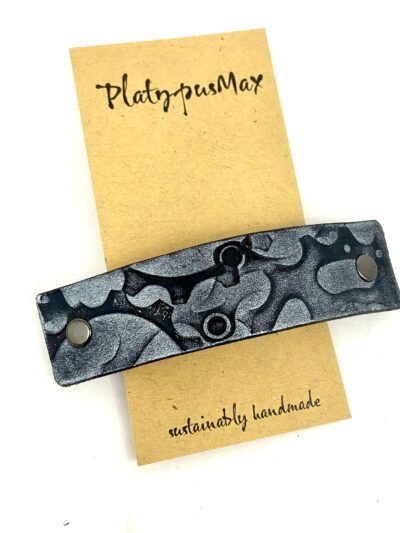 Silver Bicycle Gears Stamped Leather Barrette