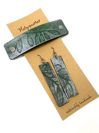 Green & Silver Embossed Leaves Barrette and Earring Gift Set